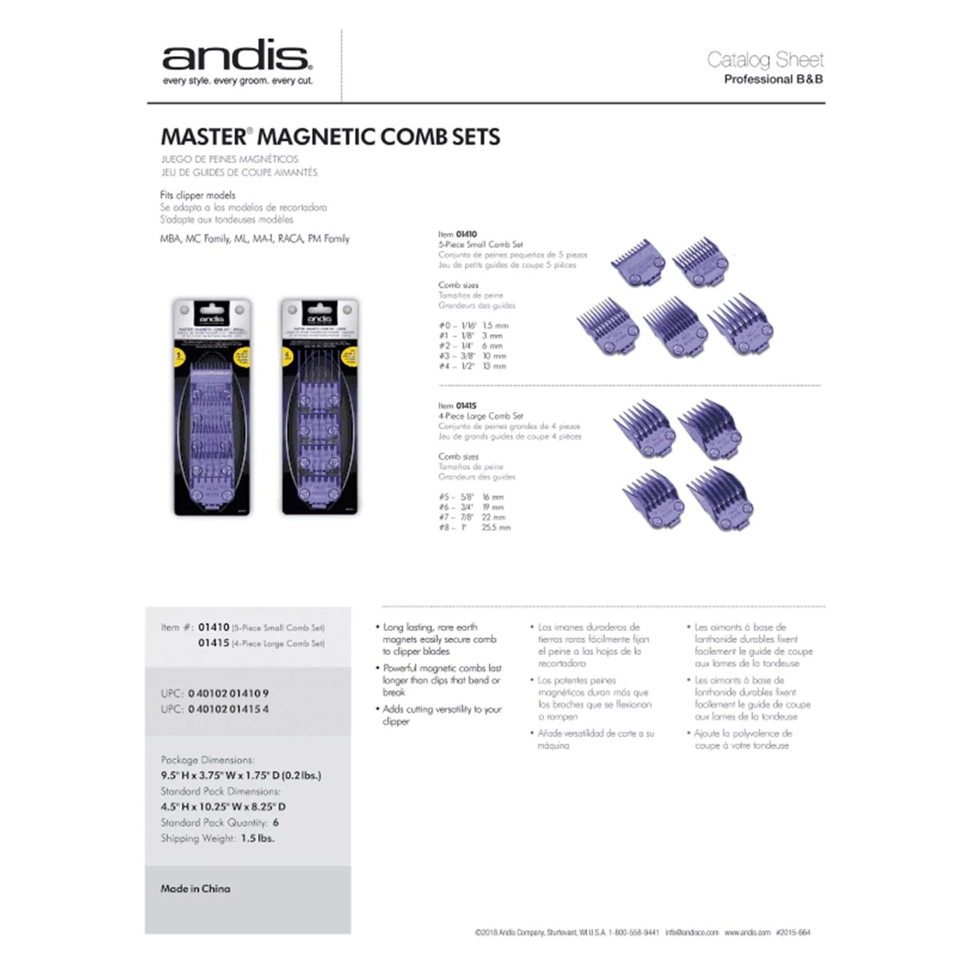 Andis - Master Dual Magnetic Comb Set 5 Pcs Small AS01410 - Image 4