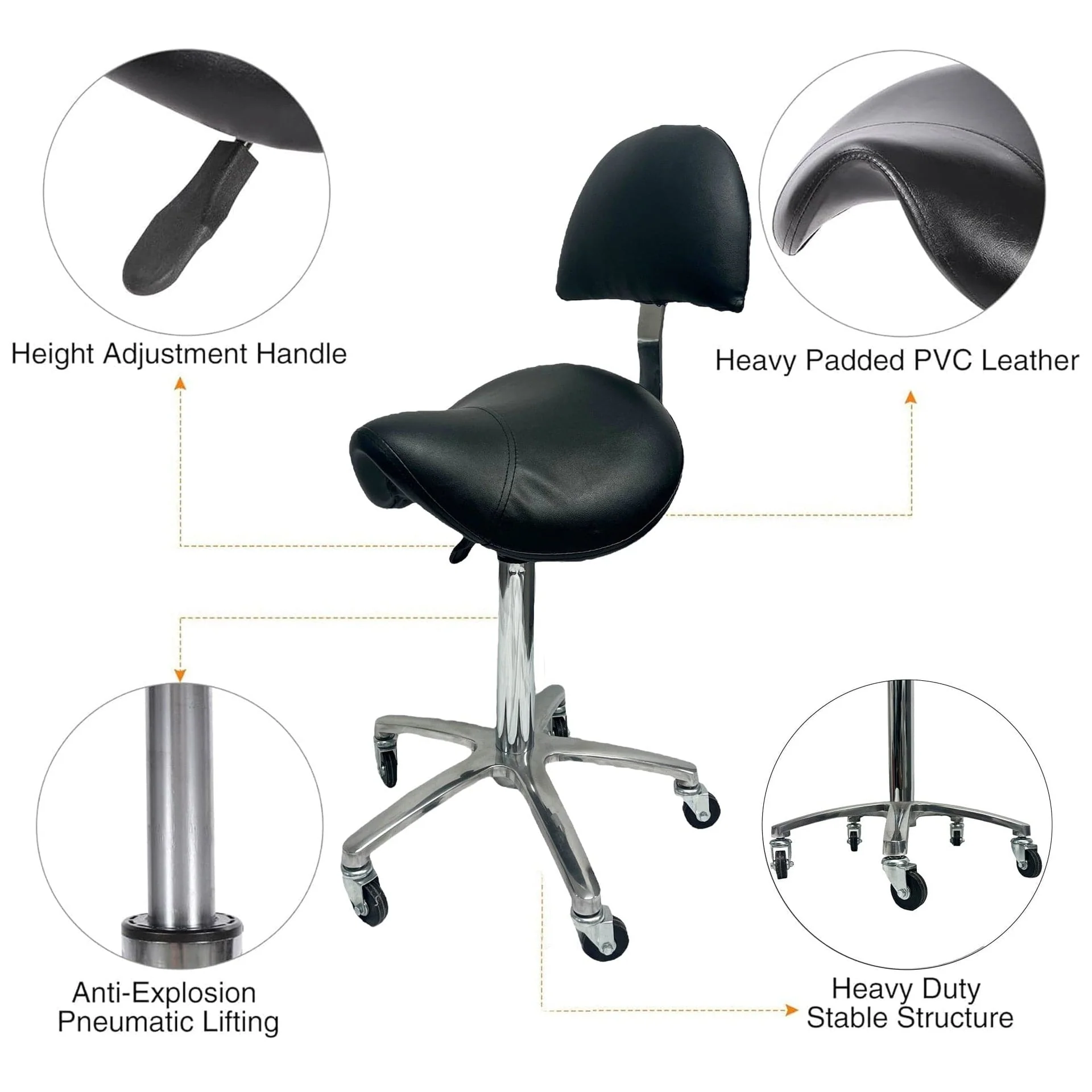 Eson - Saddle Chair with Backrest Ergonomic Rolling Stool for Salon & Clinic - Image 3