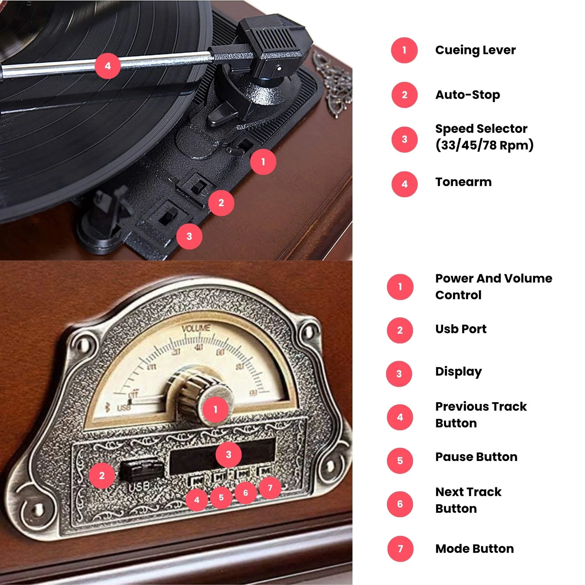 Eson - Vintage Style Gramophone Bluetooth & Vinyl Music System - Image 3