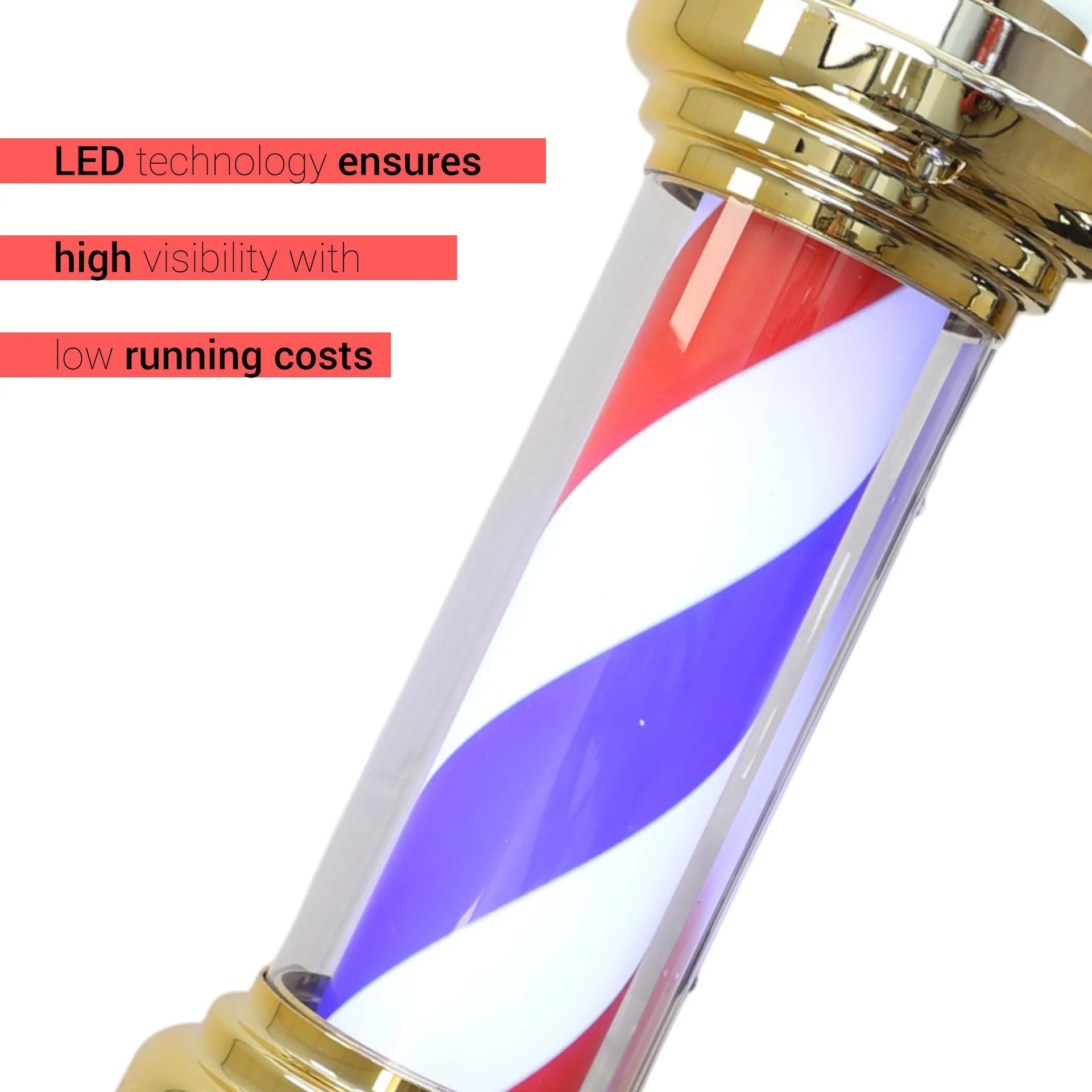 Gabri - Barber Pole Light With Open Sign (Gold Red White Blue Stripes) 70cm - Image 7
