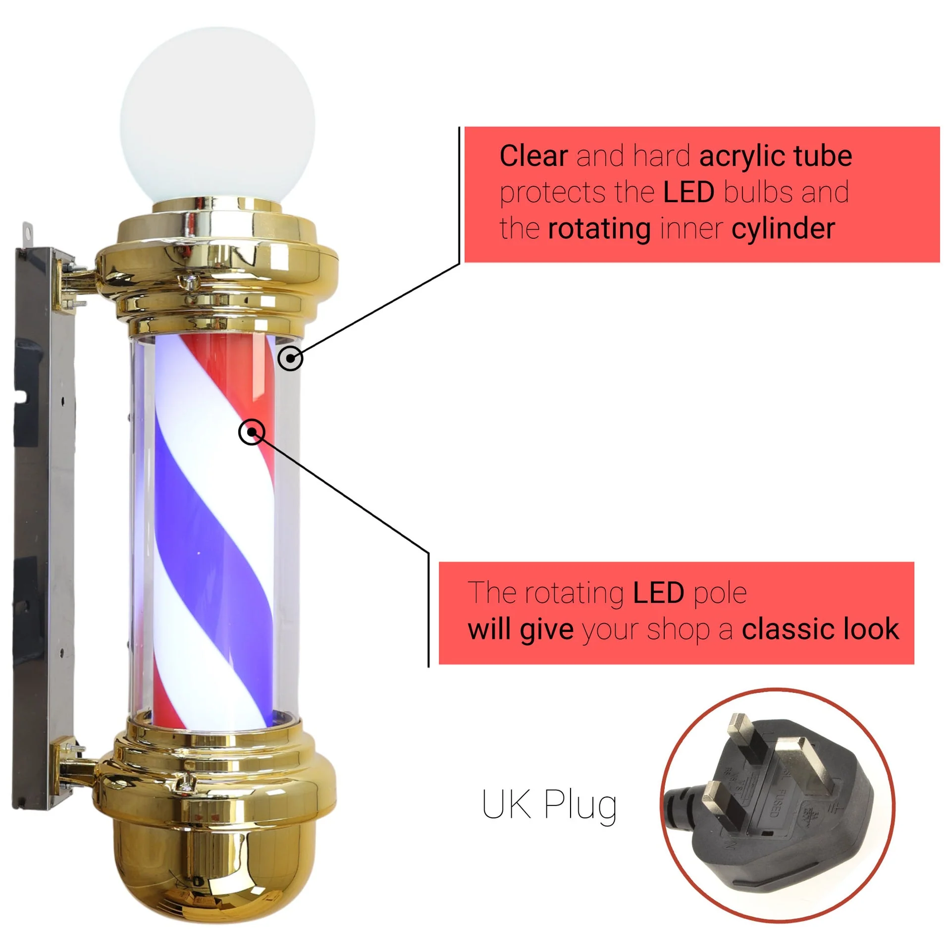 Gabri - Barber Pole Light With Open Sign (Gold Red White Blue Stripes) 70cm - Image 8